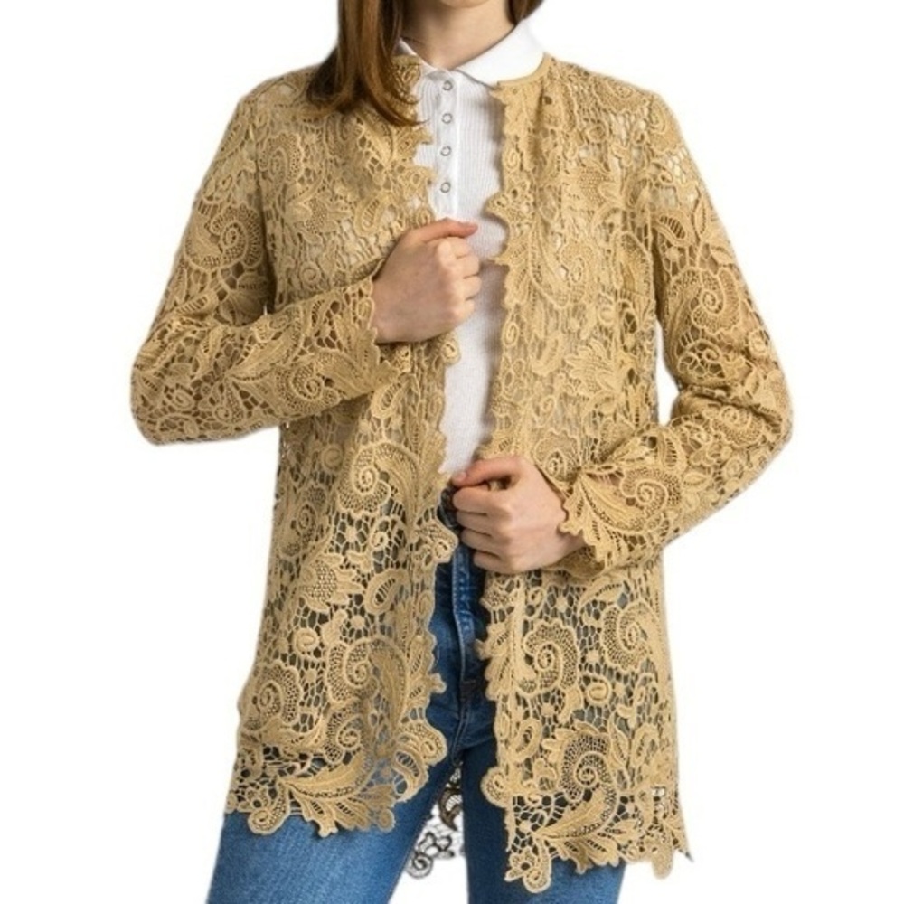 Ralph Lauren Black Label Tan Floral Lace Jacket Cardigan Designer Size 4